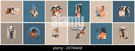 Handgezeichnete Vektor Stock abstrakte grafische Illustrationen mit Tierkreis astrologische zeitgenössische Zeichen Symbole Sammlung Set, Schönheit Magie weiblich Stock Vektor