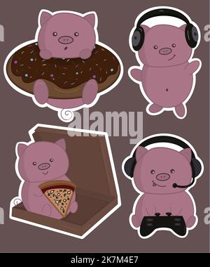 Niedliches Schwein im Stil der Karikaturenhaften, in verschiedenen Posen Stock Vektor