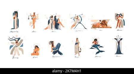 Handgezeichnete Vektor Stock abstrakte grafische Illustrationen mit Tierkreis astrologische zeitgenössische Zeichen Symbole Sammlung Set, Schönheit Magie weiblich Stock Vektor