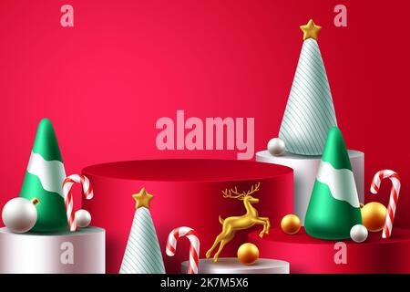 Weihnachtspodium Vektor-Design. Weihnachten Bühne, Studio und Zylinder imicken Dekoration für Produktshow Hintergrund. Vektorgrafik. Stock Vektor
