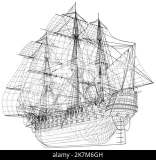 Yachten auf Meereswellen. Möwe am Himmel. Zeichnen Sie eine durchgehende Linie. Vektorgrafik. Isoliert auf weißem Hintergrund Stock Vektor