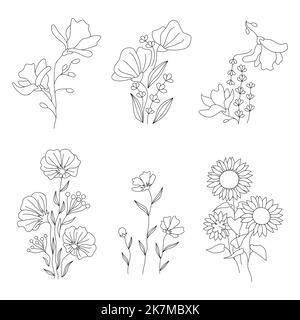 Linie Kunst Blumen Design Set. Florale Motive für Tattoo Print Wandkunst Cover. Magnolie, Chrysantheme, Lavendel, Mohn, shirley, Sonnenblume, helianthus Blüte Knospe Ast Blätter. Vektorgrafik Stock Vektor