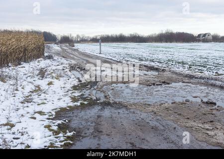 Winterlandschaft mit schmutzigen Tosd, die zu einem kleinen Dorf im Oblast Sumskaja in der Ukraine führt Stockfoto