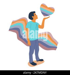 Mann kommt heraus Konzept. Offene Homosexualität. Guyl auf stolz LGBT Regenbogen Band Hintergrund Schlag einen Kuss von Regenbogen Herz. Liebe die Freiheit. Flache Vektorgrafik. Stock Vektor
