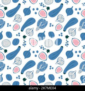Nahtloses Muster mit handgezeichneten blauen Früchten, Gemüsebeeren. Frische Doodle Pflaume, in Scheiben geschnittene Feigen, Auberginen, Beeren, Zwiebeln, Chinakohl. Vegetarische gesunde Farm lokale Bio-Lebensmittel-Vektor-Illustration Stock Vektor