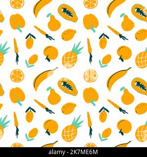 Abstrakt Obst und Gemüse nahtlose Muster vegetarische Lebensmittel niedlich modernen Hintergrund. Frische Doodle lustige Ananas, Apfel, geschnittene Papaya, Banan, Birne, Vektorgrafik Karotte, Zitrone, Pfirsich, Pfeffer Stock Vektor