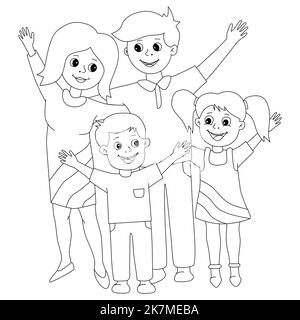 Färbung für Kinder. Glückliche Familie Mama, Papa, Sohn, Tochter stehen Hand hoch zusammen. Lächelnde Erwachsene und Kinder. Familie Zeit Urlaub Party Geburtstag Linie Vektor Illustration Stock Vektor