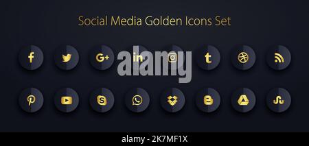 Berühmte Social-Media-Ikonen mit schwarzen und goldenen Farben. Neue, einzigartige und kreative Knöpfe im runden Stil. Stock Vektor