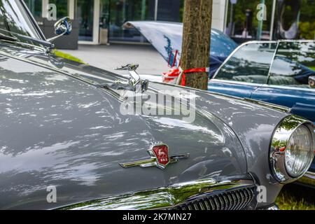 BADEN BADEN, DEUTSCHLAND - JULI 2019: Hirschsymbol-Emblem auf der Motorhaube des russischen grauen GAZ 22 21 WOLGA 1962 1970 Kombi-Familienwagens Stockfoto