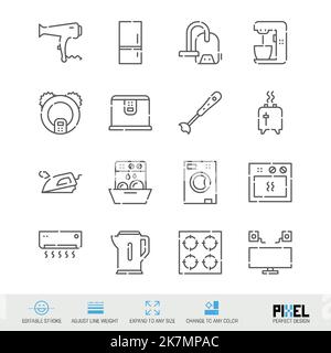 Vektorlinien-Symbolsatz für Haushalt, Geräte, isoliert auf Weiß. Pixel perfektes Design. Bearbeitbare Kontur. Linienstärke anpassen. Auf beliebige Größe erweitern. C Stock Vektor