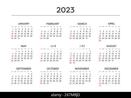 Kalender 2023 Jahr. Schwarz-Weiß-Vektorvorlage. Die Woche beginnt am Sonntag. Grundraster. Quadratischer Taschenkalander. Ready-Design Stock Vektor