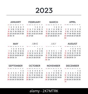 Kalender 2023 Jahr. Schwarz-Weiß-Vektorvorlage. Die Woche beginnt am Sonntag. Grundraster. Quadratischer Taschenkalander. Ready-Design Stock Vektor