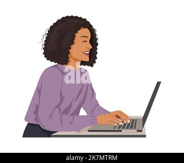 Ein Mulatto-Mädchen in einer lila Bluse sitzt auf einem Laptop. Style ohne Gesicht. Vektordarstellung auf weißem Hintergrund isoliert Stock Vektor