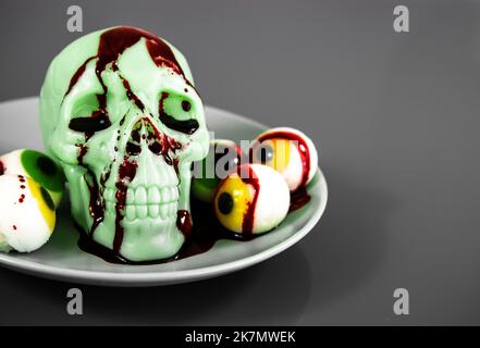 Ein Schädel und Augapfel Bonbons mit tropfender roter Oberfläche auf einem Teller Stockfoto