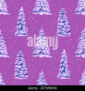 Muster von schneebedeckten Weihnachtsbäumen auf einem lila Hintergrund in Cartoon-Stil für den Druck und Dekoration.Vektor-Illustration. Stock Vektor