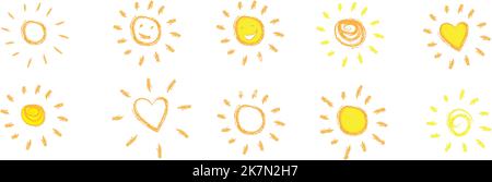 Ein Satz einfacher, kindischer Hand, gezeichnet aus gelber, orangefarbener Sonne für Hintergrund, Tapete und Cover Stock Vektor