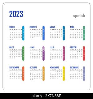Taschenkalender auf 2023 Jahr, Spanisch. Farbiger horizontaler Kalender. Die Woche beginnt ab Montag. Vektorvorlage für Unternehmen. Stock Vektor