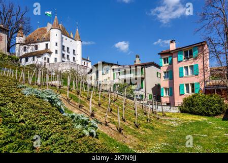 Die historische Stadt Nyon und das Schloss, zwischen Lausanne und Genf am Ufer des Genfer Sees gelegen, sind ein beliebtes Reiseziel in der Schweizland Stockfoto