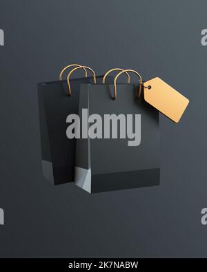 Einkaufstaschen isoliert auf einem dunklen Hintergrund für Black Friday Social Media vertikale Post in 3D Illustration. Werberabatt und online Stockfoto