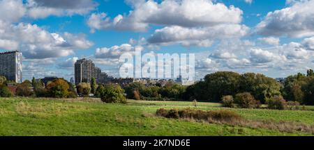 Molenbeek, Region Brüssel-Hauptstadt, Belgien, 10 16 2022 - Extra großer Panoramablick über den Scheutbos-Park und die Gebäude Stockfoto