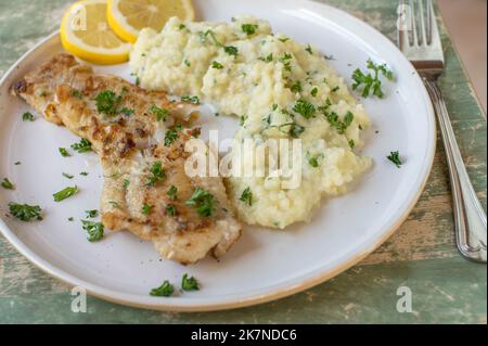 Kohlenhydratarme Fischmahlzeit mit gebratenem Rotbarsch und Kohlrabi-Püree auf einem Teller Stockfoto