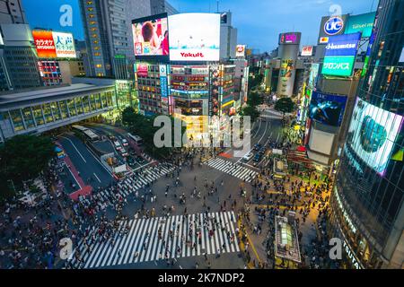 12. Juni 2019: Shibuya Crossing, eine weltberühmte und ikonische Kreuzung vor dem Shibuya Bahnhof, Tokio, japan. Hunderte von p Stockfoto