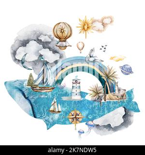 Wal in den Wolken mit dem Mond, einem Leuchtturm und einem Kompass auf der Rückseite Aquarell-Illustration auf weißem Hintergrund. Drachen, Zeichen und Symbolik Stockfoto