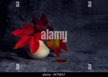 Bouquet von roten Herbstblättern wilder Trauben in einer Tonvase auf einem dunklen strukturierten Hintergrund. Stillleben im Herbst. Stockfoto