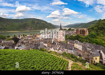 Bacharach Deutschland, Skyline der Stadt Bacharach und Blick auf den Rhein vom Weingarten Stockfoto