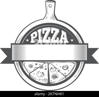 Logo-Vorlage für Pizza Cafe. Emblem mit Retro-Gravur Stock Vektor