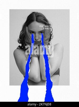 Collage zeitgenössischer Kunst. Konzeptuelles Image. Junge schöne Frau weint vor Traurigkeit. Das Gefühl, gebrochen zu sein Stockfoto
