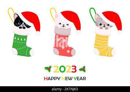 Set von niedlichen Katzen in Weihnachtsmützen sitzen in Weihnachtsstrümpfen Stock Vektor