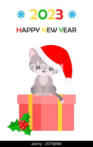 Niedliche Katze im Weihnachtshut sitzt auf Geschenkbox Stock Vektor