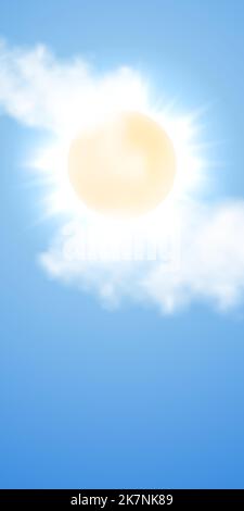 Die Sonne scheint durch die Wolke in hellblauem Himmel. Vertikaler Hintergrund Stock Vektor