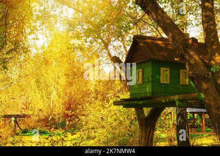 Ein kleines Kinderhaus für Spiele und Unterhaltung auf einem Baum im Park. Haus auf den Zweigen eines großen Baumes Stockfoto