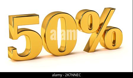 3D goldene 50 Prozent Rabatt isoliert auf weißem Hintergrund für Verkaufsförderung. 3D Rendern Stockfoto