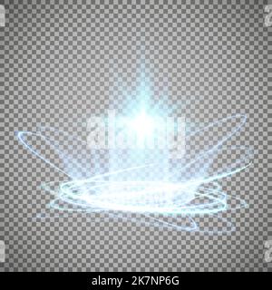 Magische Portale in der Nachtszene. Blaue runde Hologramme mit Lichtstrahlen und Funkeln. Glühender, futuristischer Teleportunnel mit Kopierraum auf Schwarz Stock Vektor