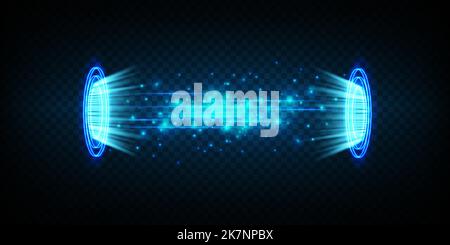 Magische Portale in der Nachtszene. Blaue runde Hologramme mit Lichtstrahlen und Funkeln. Glühender, futuristischer Teleportunnel mit Kopierraum auf Schwarz Stock Vektor