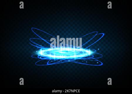 Magische Portale in der Nachtszene. Blaue runde Hologramme mit Lichtstrahlen und Funkeln. Glühender, futuristischer Teleportunnel mit Kopierraum auf Schwarz Stock Vektor