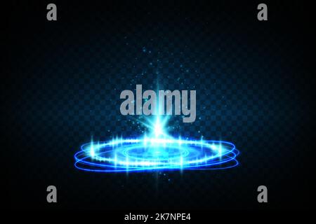 Magische Portale in der Nachtszene. Blaue runde Hologramme mit Lichtstrahlen und Funkeln. Glühender, futuristischer Teleportunnel mit Kopierraum auf Schwarz Stock Vektor