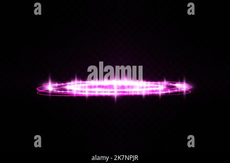 Magische Portale in der Nachtszene. Lila runde Hologramme mit Lichtstrahlen und funkelt. Glühender, futuristischer Teleportunnel mit Kopierraum auf Schwarz Stock Vektor