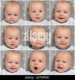 Collage aus Gesicht niedlichen Neugeborenen Baby, Nahaufnahme. Porträt eines Kindes mit blauen Augen. Gesichtsausdruck, verschiedene Emotionen. Stockfoto