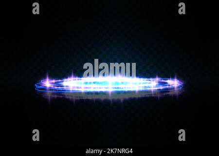 Magische Portale in der Nachtszene. Blaue runde Hologramme mit Lichtstrahlen und Funkeln. Glühender, futuristischer Teleportunnel mit Kopierraum auf Schwarz Stock Vektor