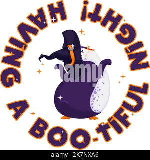 Halloween-Print mit niedlichem Vektor tanzenden Pinguin. Eine Nacht voller Buh. Lustiger Vogel in einem Hexenhut. Isoliert. Stock Vektor