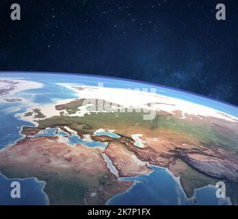 Satellitenansicht des Planeten Erde mit hohem Winkel, fokussiert auf Europa, Ostasien und Nordafrika - Elemente dieses Bildes, die von der NASA bereitgestellt wurden Stockfoto
