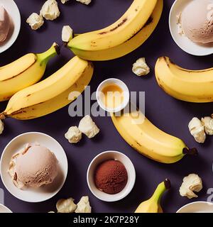 Bananen- und Schokoladeneis auf nahtlosem Texturhintergrund. Das endlose Fliesenmuster über die Eiscreme-Zutaten mit Bananenfrucht-Geschmack. 3D Stockfoto