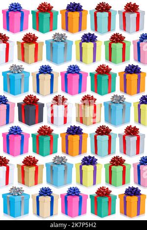 Weihnachten Geschenke Kollektion Hintergrund Geschenke Geburtstag Geschenk Geschenk deco Portrait Format isoliert auf weiß Stockfoto