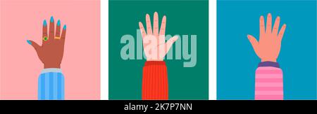 Erhobene Hände. Menschliche Arme mit zusammenragenden Accessoires. Multiethnische und vielfältige Hände erhoben. Menschliche Hände verschiedene Hautfarben. Stock Vektor