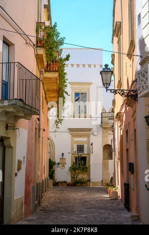 Eine typische schmale, gepflasterte Seitenstraße in der Altstadt von Galatina, Apulien (Apulien), Italien. Stockfoto