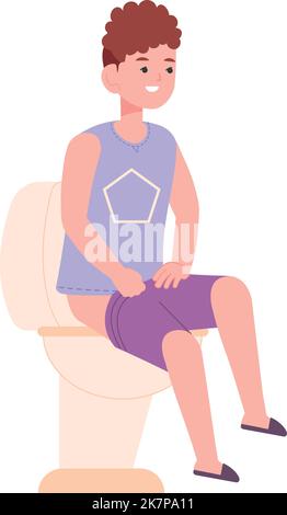 Junge sitzt auf der Toilette. Happy Kid tägliche Routine auf weißem Hintergrund isoliert Stock Vektor